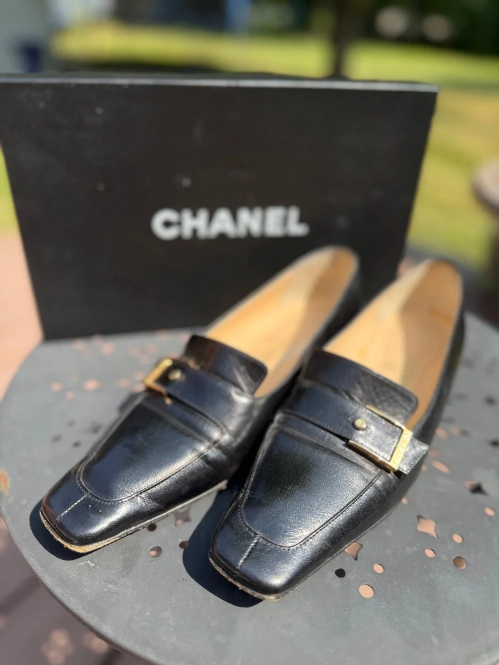 Chanel black leather square toe loafers with gold buckle size 35